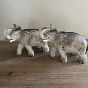Vintage Mid Century Elephants Figurine Trunk Up Gray Porcelain Japan Collectible